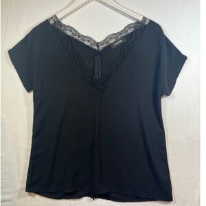 ChicMe Womens Black Lace Trim V-Neck Short Sleeve Split Back Blouse Top Small